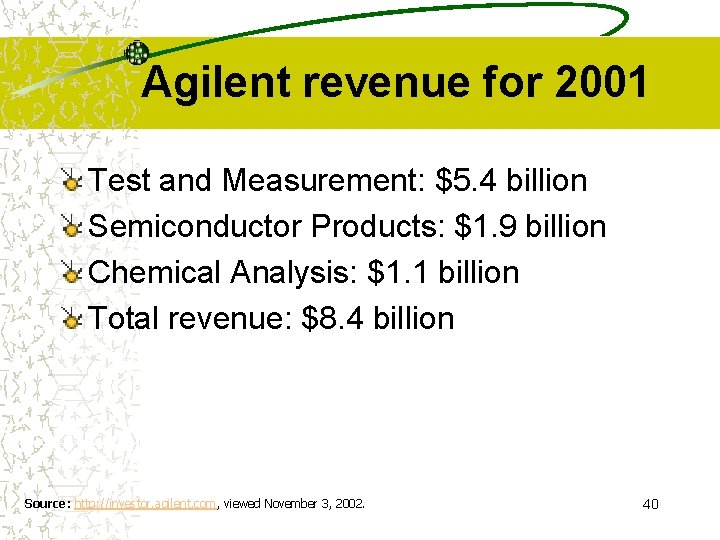 Agilent revenue for 2001 Test and Measurement: $5. 4 billion Semiconductor Products: $1. 9