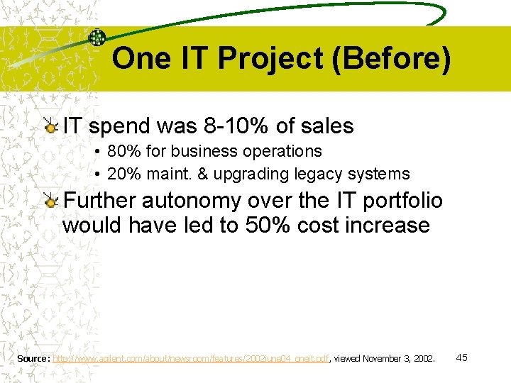 One IT Project (Before) IT spend was 8 -10% of sales • 80% for