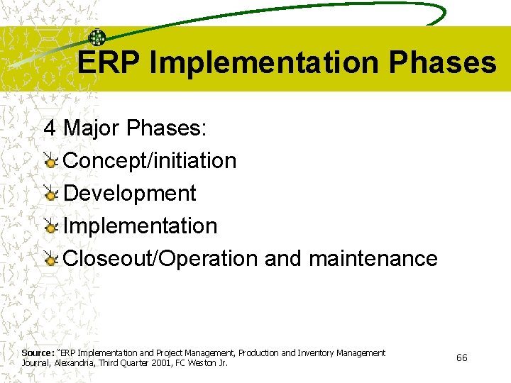 ERP Implementation Phases 4 Major Phases: Concept/initiation Development Implementation Closeout/Operation and maintenance Source: “ERP