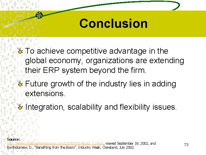 Conclusion To achieve competitive advantage in the global economy, organizations are extending their ERP