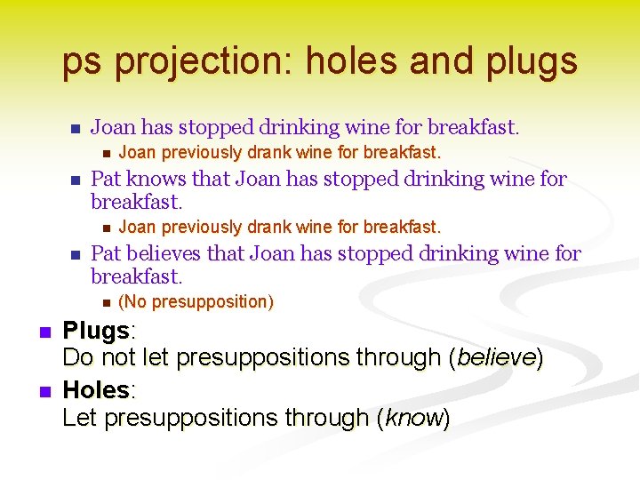 ps projection: holes and plugs n Joan has stopped drinking wine for breakfast. n