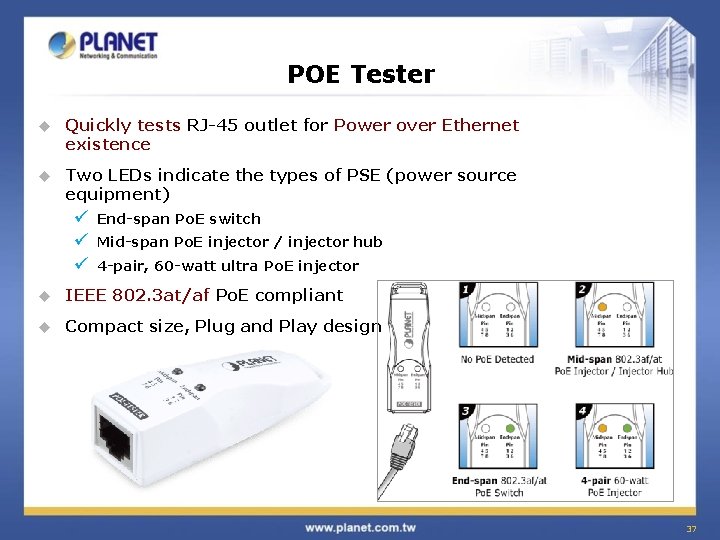 POE Tester u Quickly tests RJ-45 outlet for Power over Ethernet existence u Two