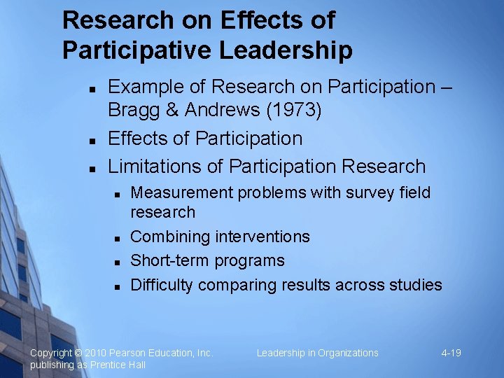Research on Effects of Participative Leadership Example of Research on Participation – Bragg &