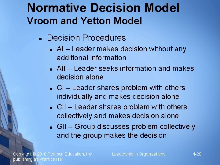 Normative Decision Model Vroom and Yetton Model Decision Procedures AI – Leader makes decision