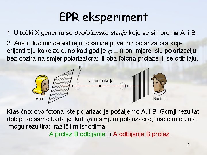 EPR eksperiment 1. U točki X generira se dvofotonsko stanje koje se širi prema