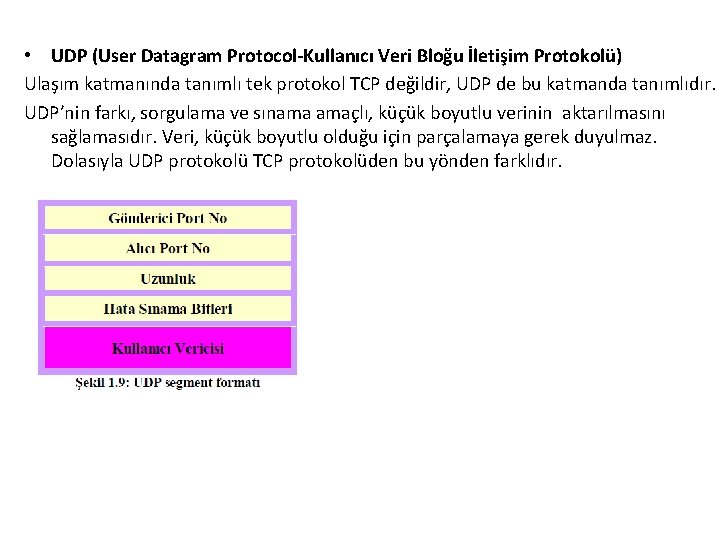  • UDP (User Datagram Protocol-Kullanıcı Veri Bloğu İletişim Protokolü) Ulaşım katmanında tanımlı tek