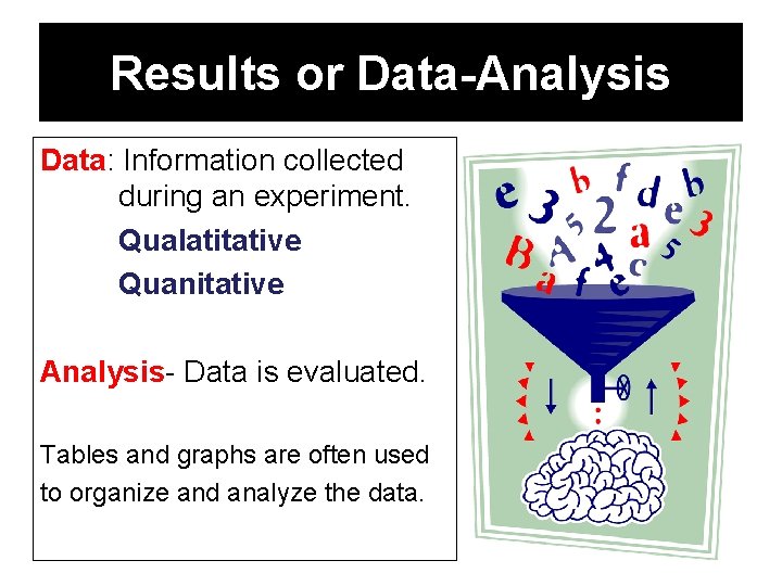 Results or Data-Analysis Data: Information collected during an experiment. Qualatitative Quanitative Analysis- Data is