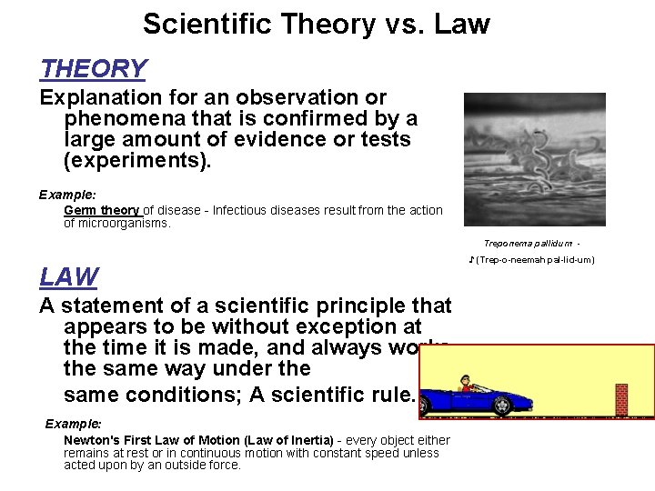 Scientific Theory vs. Law THEORY Explanation for an observation or phenomena that is confirmed