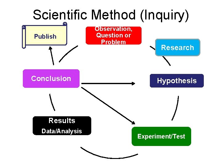 Scientific Method (Inquiry) Publish Conclusion Observation, Question or Problem Research Hypothesis Results Data/Analysis Experiment/Test