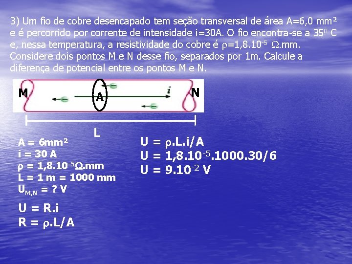 3) Um fio de cobre desencapado tem seção transversal de área A=6, 0 mm²