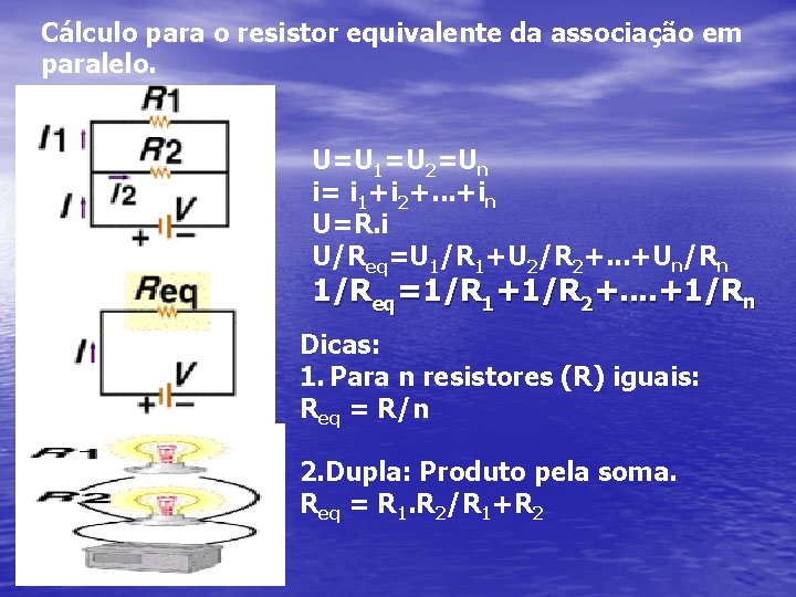 Cálculo para o resistor equivalente da associação em paralelo. U=U 1=U 2=Un i= i