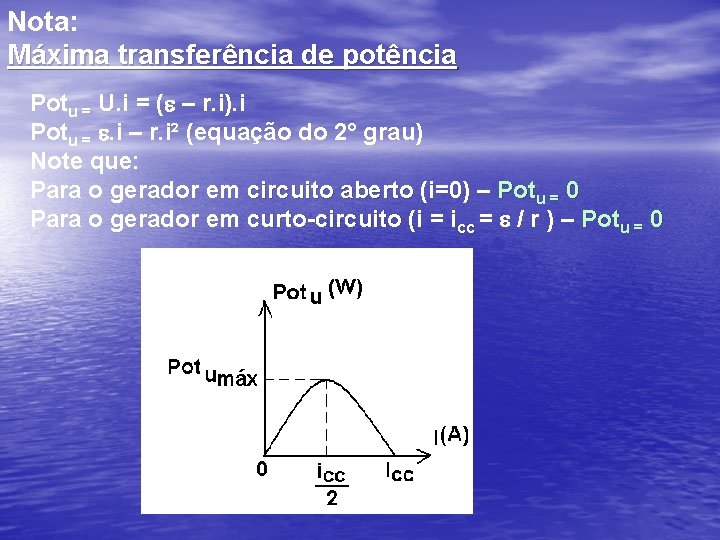 Nota: Máxima transferência de potência Potu = U. i = (e – r. i).