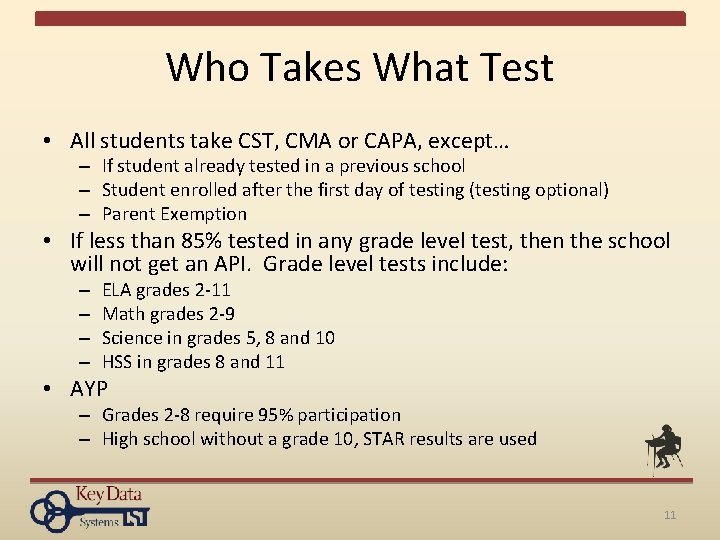 Who Takes What Test • All students take CST, CMA or CAPA, except… –