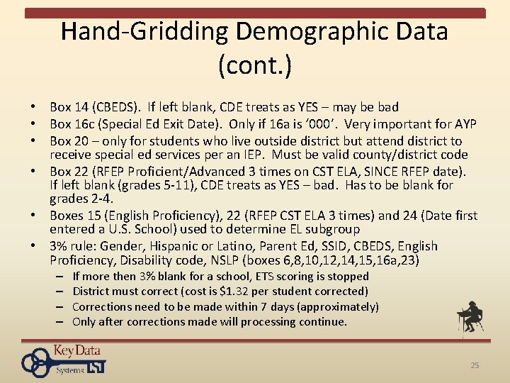 Hand-Gridding Demographic Data (cont. ) • Box 14 (CBEDS). If left blank, CDE treats