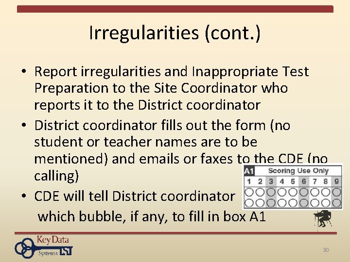 Irregularities (cont. ) • Report irregularities and Inappropriate Test Preparation to the Site Coordinator