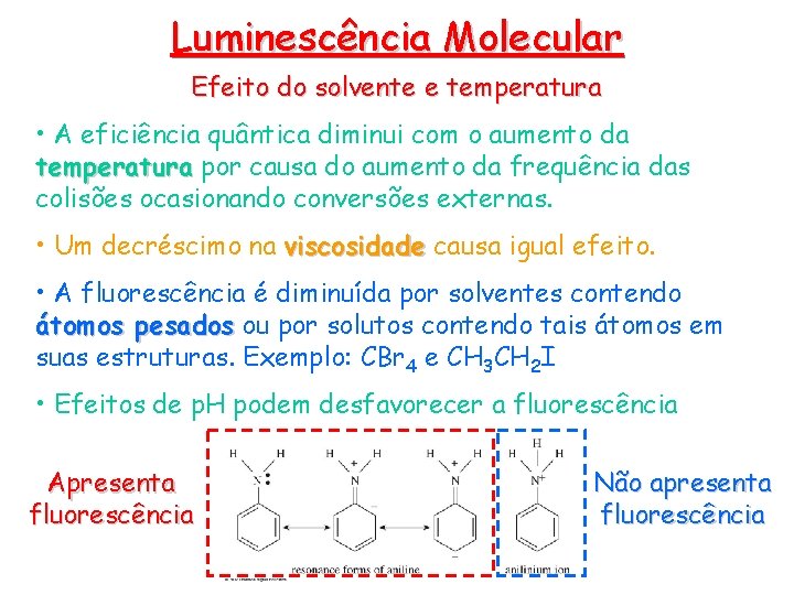 Luminescência Molecular Efeito do solvente e temperatura • A eficiência quântica diminui com o