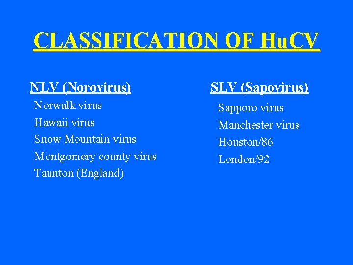 CLASSIFICATION OF Hu. CV NLV (Norovirus) Norwalk virus Hawaii virus Snow Mountain virus Montgomery