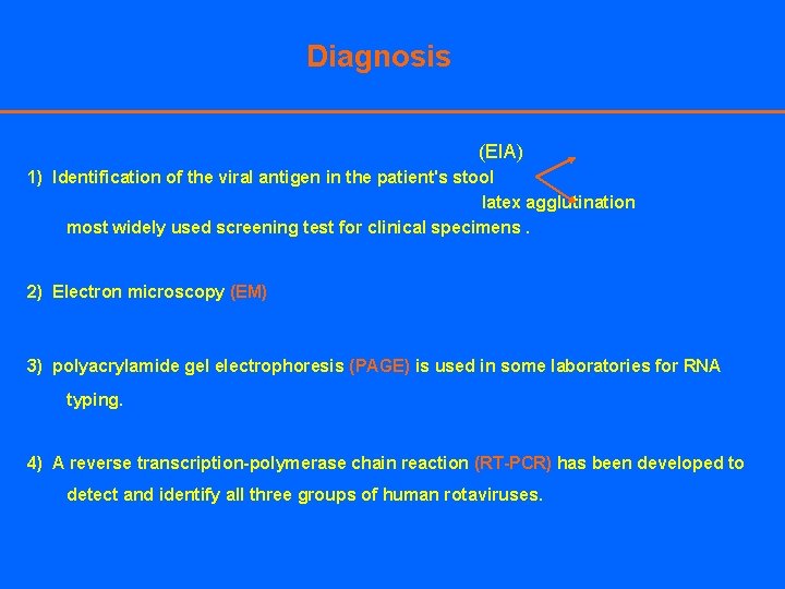 Diagnosis (EIA) 1) Identification of the viral antigen in the patient's stool latex agglutination