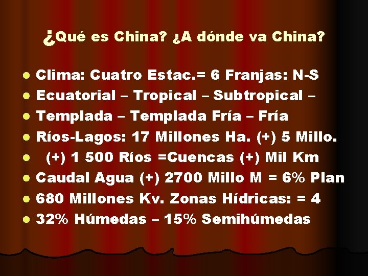 ¿Qué es China? ¿A dónde va China? l l l l Clima: Cuatro Estac.