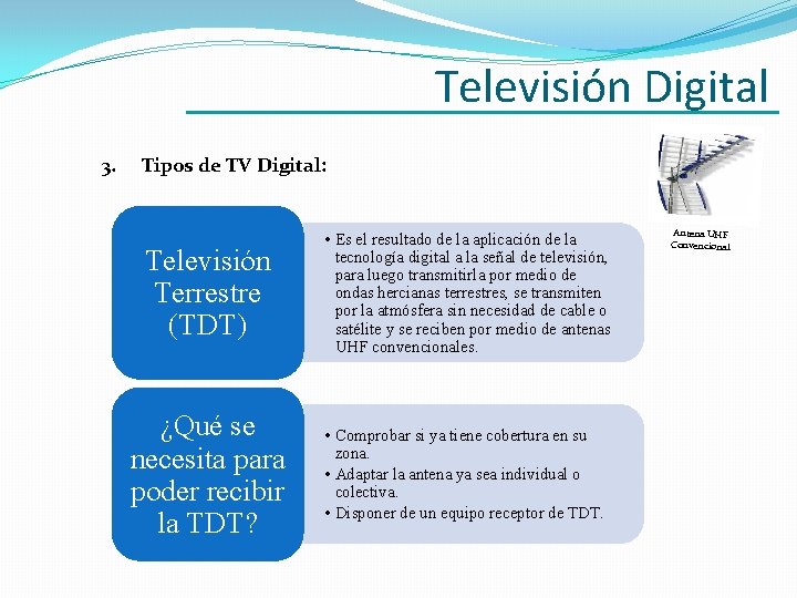 Televisión Digital 3. Tipos de TV Digital: Televisión Terrestre (TDT) ¿Qué se necesita para Televisión Digital 3. Tipos de TV Digital: Televisión Terrestre (TDT) ¿Qué se necesita para