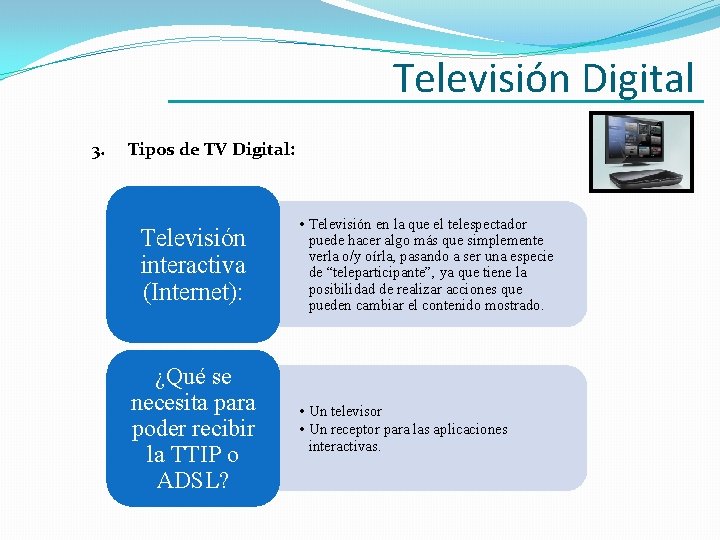 Televisión Digital 3. Tipos de TV Digital: Televisión interactiva (Internet): ¿Qué se necesita para Televisión Digital 3. Tipos de TV Digital: Televisión interactiva (Internet): ¿Qué se necesita para