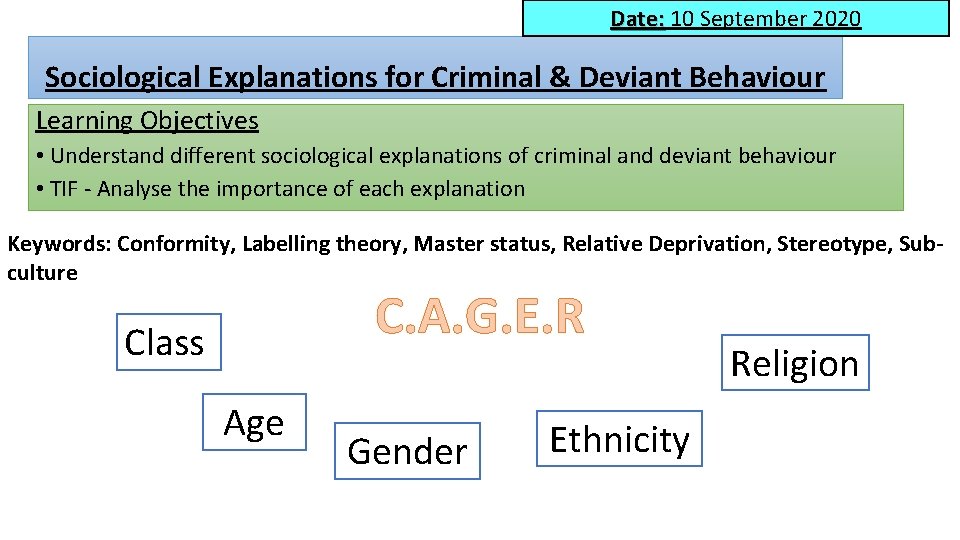 Date: 10 September 2020 Sociological Explanations for Criminal & Deviant Behaviour Learning Objectives •