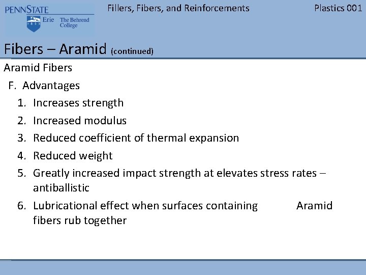 Fillers, Fibers, and Reinforcements BLANK Plastics 001 Fibers – Aramid (continued) Aramid Fibers F.