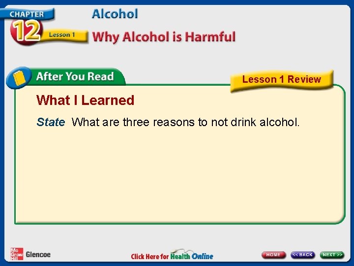 Lesson 1 Review What I Learned State What are three reasons to not drink