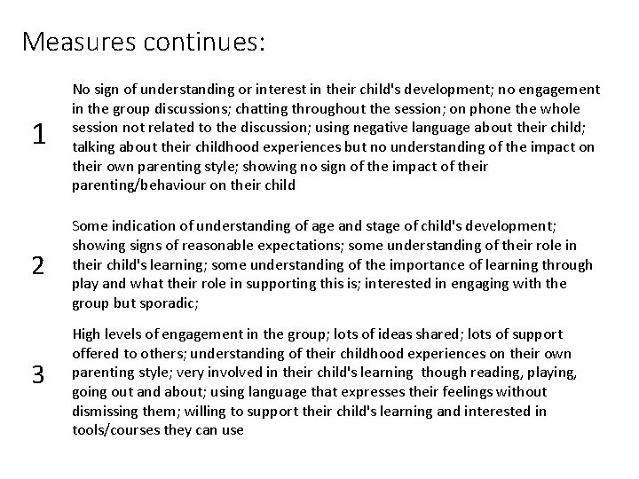Measures continues: 1 No sign of understanding or interest in their child's development; no