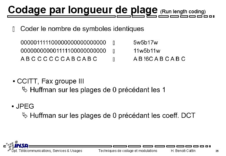 Codage par longueur de plage (Run length coding) • CCITT, Fax groupe III •