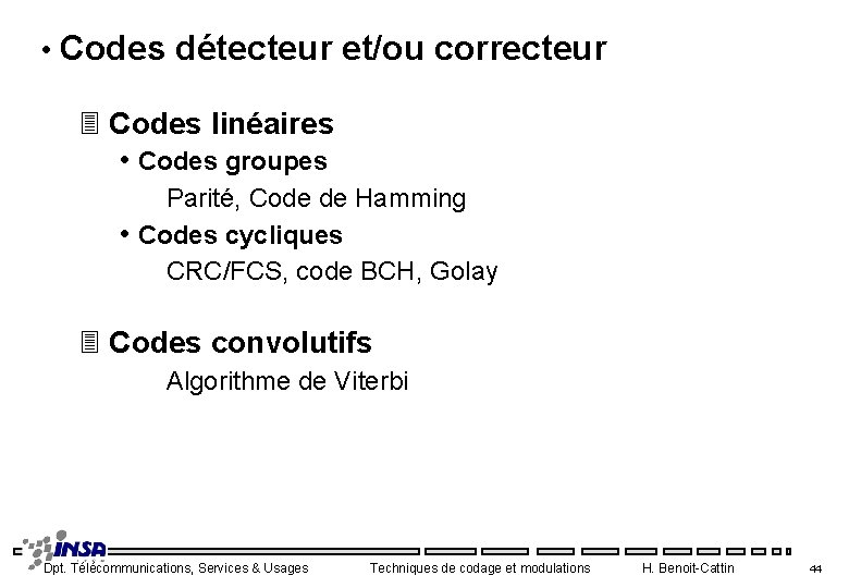  • Codes détecteur et/ou correcteur 3 Codes linéaires • Codes groupes Parité, Code