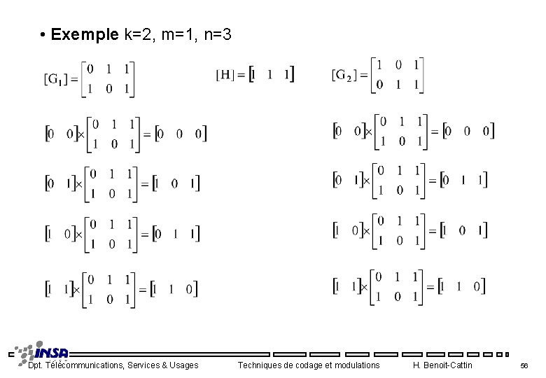  • Exemple k=2, m=1, n=3 Dpt. Télécommunications, Services & Usages Techniques de codage