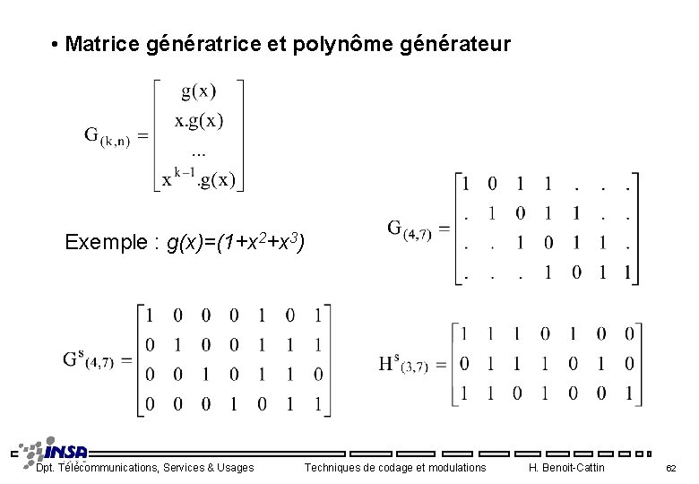  • Matrice génératrice et polynôme générateur Exemple : g(x)=(1+x 2+x 3) Dpt. Télécommunications,