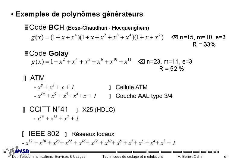  • Exemples de polynômes générateurs 3 Code BCH (Bose-Chaudhuri - Hocquenghem) n=15, m=10,