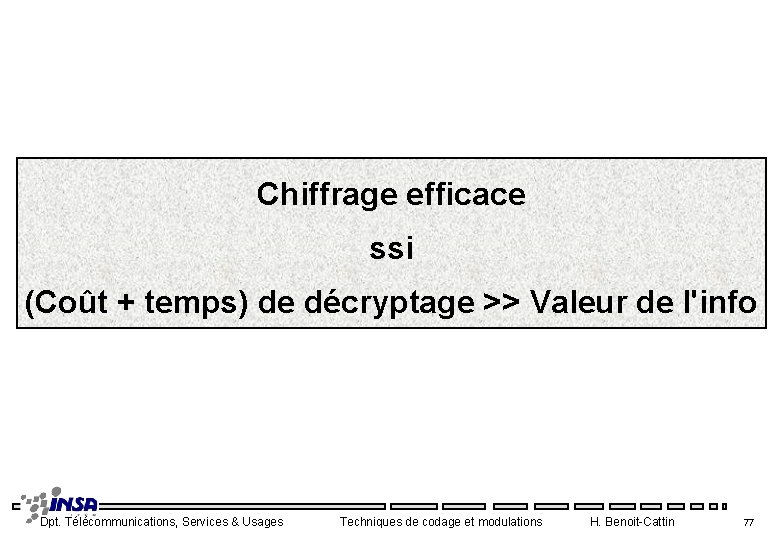 Chiffrage efficace ssi (Coût + temps) de décryptage >> Valeur de l'info Dpt. Télécommunications,