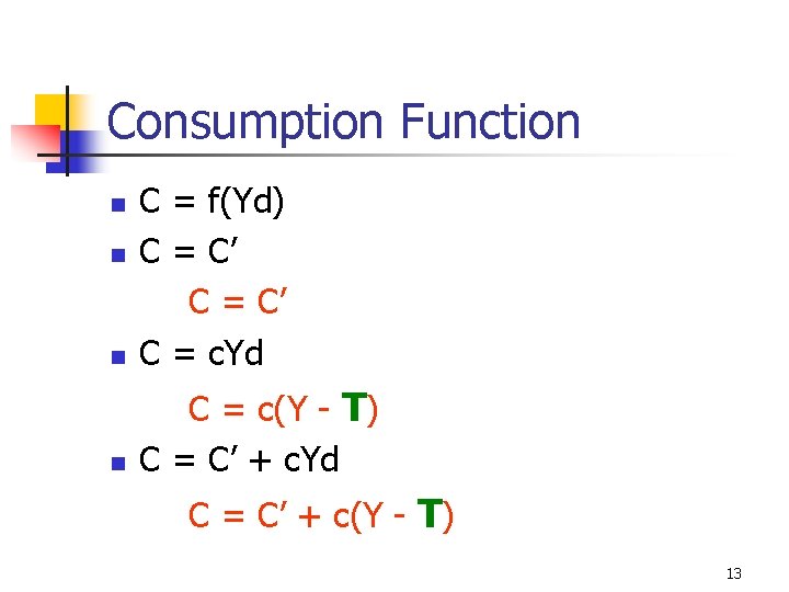 Consumption Function n C = f(Yd) C = C’ C = c. Yd n