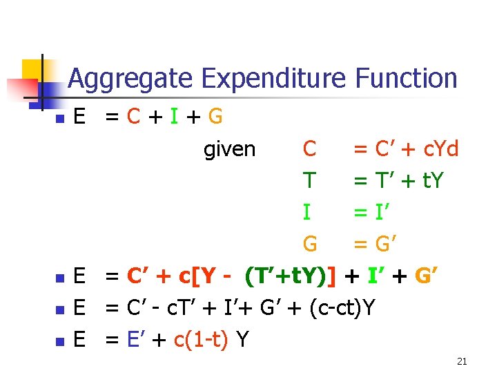 Aggregate Expenditure Function n n E =C+I+G given C = C’ + c. Yd