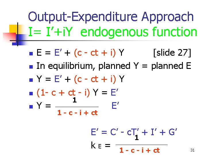 Output-Expenditure Approach I= I’+i. Y endogenous function n n E = E’ + (c