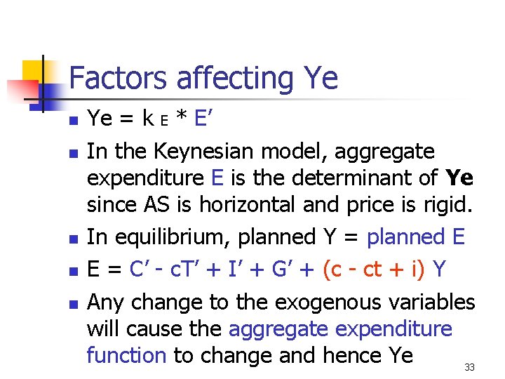 Factors affecting Ye n n n Ye = k E * E’ In the