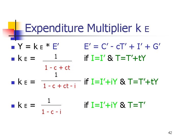 Expenditure Multiplier k n n Y = k E * E’ 1 k. E=