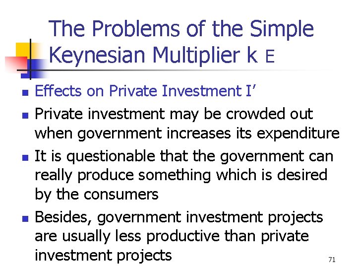 The Problems of the Simple Keynesian Multiplier k E n n Effects on Private