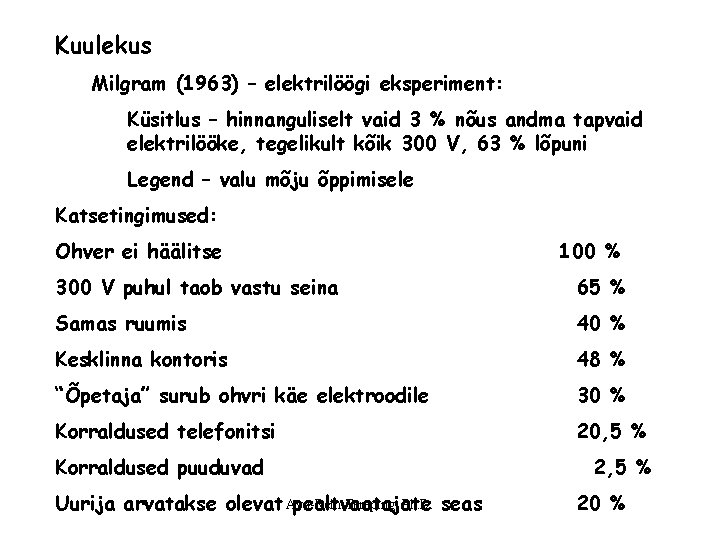 Kuulekus Milgram (1963) – elektrilöögi eksperiment: Küsitlus – hinnanguliselt vaid 3 % nõus andma Kuulekus Milgram (1963) – elektrilöögi eksperiment: Küsitlus – hinnanguliselt vaid 3 % nõus andma