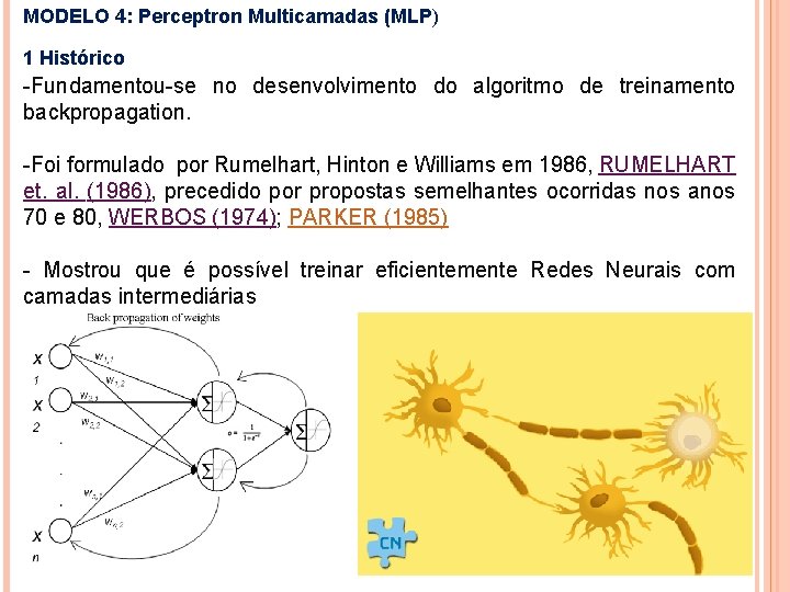 MODELO 4: Perceptron Multicamadas (MLP) 1 Histórico -Fundamentou-se no desenvolvimento do algoritmo de treinamento