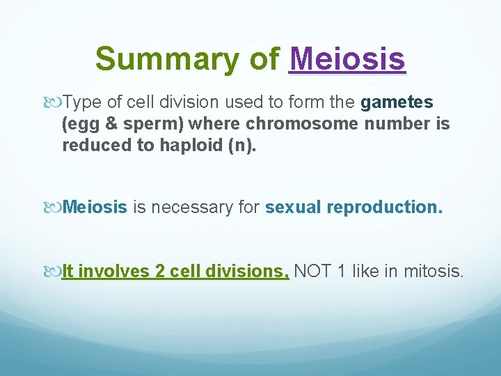 Summary of Meiosis Type of cell division used to form the gametes (egg &