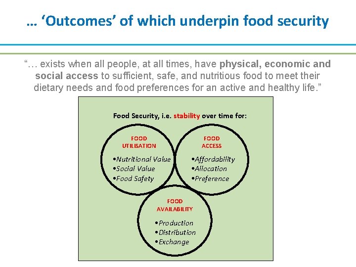 … ‘Outcomes’ of which underpin food security “… exists when all people, at all