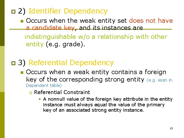 p 2) Identifier Dependency n p Occurs when the weak entity set does not