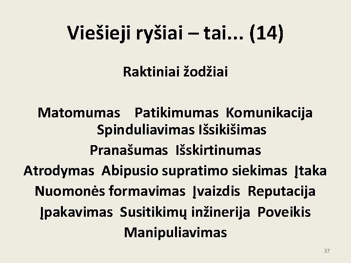 Viešieji ryšiai – tai. . . (14) Raktiniai žodžiai Matomumas Patikimumas Komunikacija Spinduliavimas Išsikišimas Viešieji ryšiai – tai. . . (14) Raktiniai žodžiai Matomumas Patikimumas Komunikacija Spinduliavimas Išsikišimas