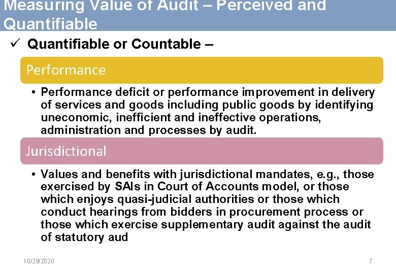 Measuring Value of Audit – Perceived and Quantifiable ü Quantifiable or Countable – Performance