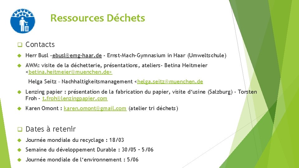 Ressources Déchets q Contacts Herr Busl -ebusl@emg-haar. de - Ernst-Mach-Gymnasium in Haar (Umweltschule) AWM: