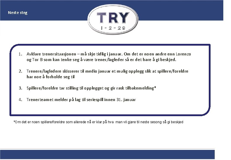Neste steg 1. Avklare trenersituasjonen – må skje tidlig i januar. Om det er
